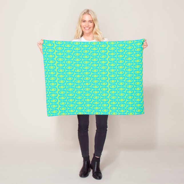 Turquoise and Lime Green Geometric Pattern Fleece Blanket (In Situ)
