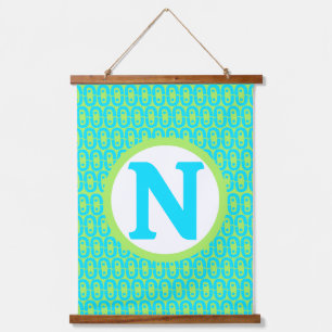 Turquoise and Lime Green Geometric Pattern Hanging Tapestry
