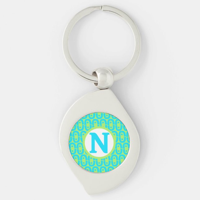 Turquoise and Lime Green Geometric Pattern Key Ring (Front)