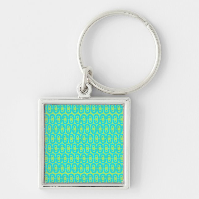 Turquoise and Lime Green Geometric Pattern Key Ring (Front)