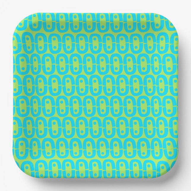 Turquoise and Lime Green Geometric Pattern Paper Plate (Front)