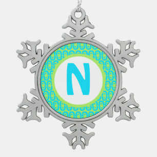 Turquoise and Lime Green Geometric Pattern Snowflake Pewter Christmas Ornament