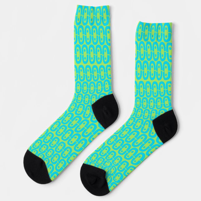 Turquoise and Lime Green Geometric Pattern Socks (Left)