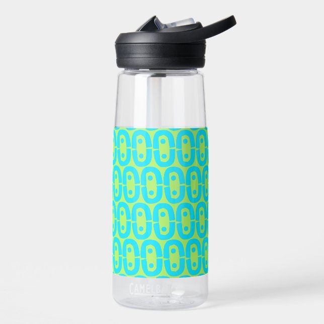 Turquoise and Lime Green Geometric Pattern Water Bottle (Left)