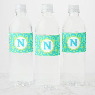 Turquoise and Lime Green Geometric Pattern Water Bottle Label