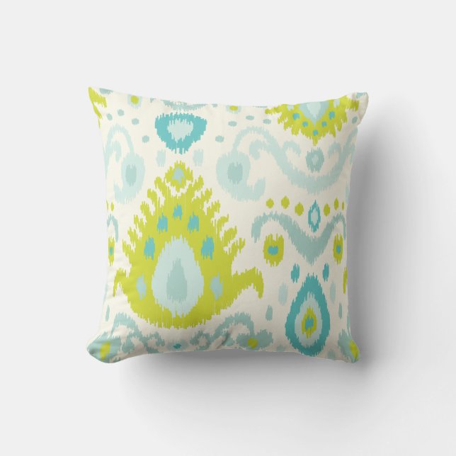 Turquoise and Lime Ikat Print Cushion (Front)