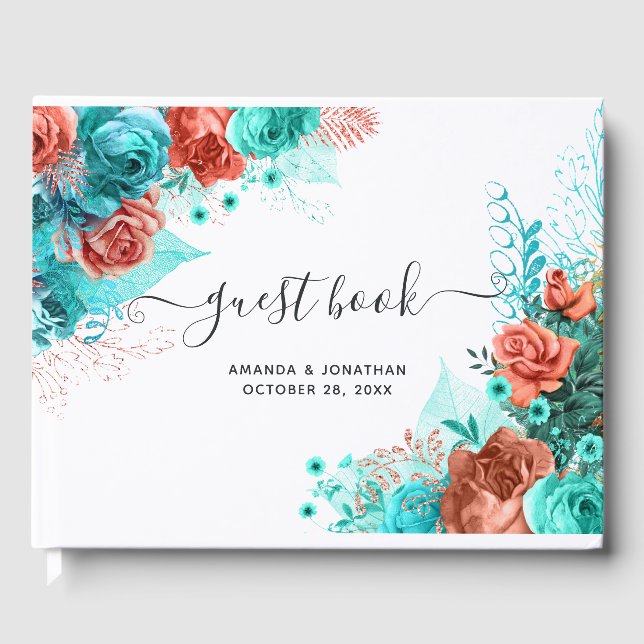 Turquoise and Living Coral Rustic Floral Wedding Guest Book (Front)