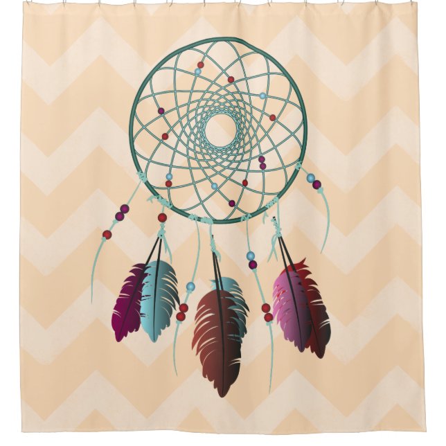 Turquoise and Maroon Dream Catcher Chevrons Shower Curtain (Front)