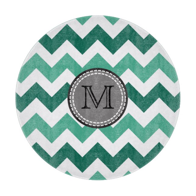 Turquoise and Mint Chevron Zigzag Monogram Cutting Board (Front)
