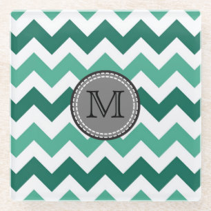 Turquoise and Mint Chevron Zigzag Monogram Glass Coaster