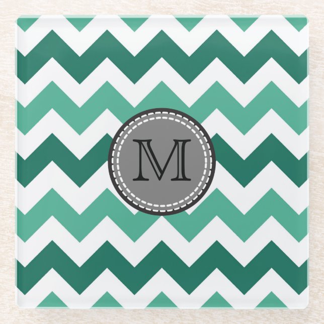 Turquoise and Mint Chevron Zigzag Monogram Glass Coaster (Front)