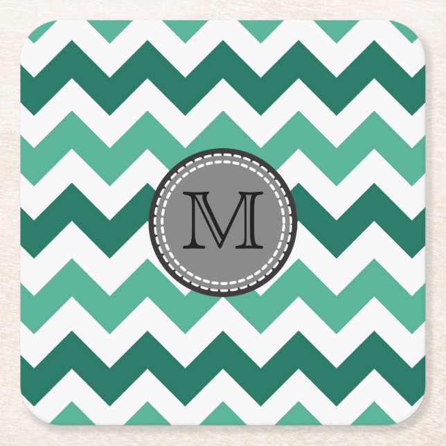 Turquoise and Mint Chevron Zigzag Monogram Square Paper Coaster (Front)