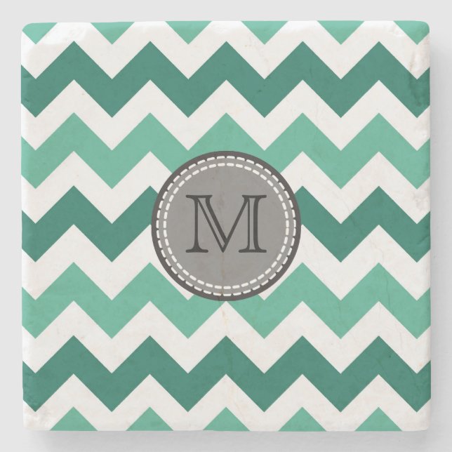 Turquoise and Mint Chevron Zigzag Monogram Stone Coaster (Front)