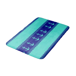 Turquoise And Navy Blue Coastal Pattern Anchors Bath Mat