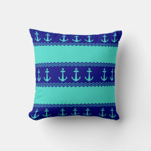 Turquoise And Navy Blue Coastal Pattern Anchors Cushion
