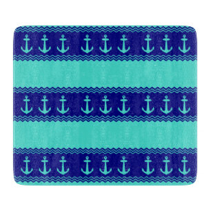 Turquoise And Navy Blue Coastal Pattern Anchors Cutting Board