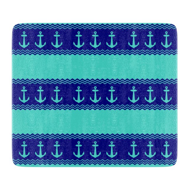 Turquoise And Navy Blue Coastal Pattern Anchors Cutting Board (Front)