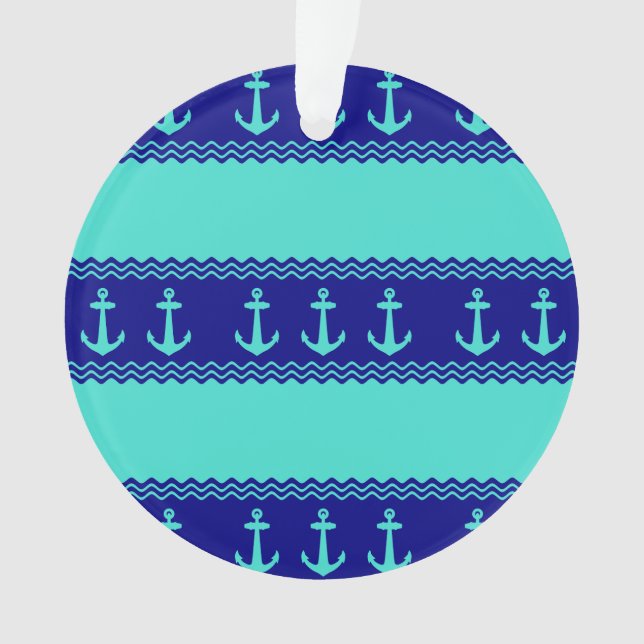 Turquoise And Navy Blue Coastal Pattern Anchors Ornament (Front)