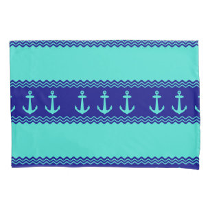 Turquoise And Navy Blue Coastal Pattern Anchors Pillowcase