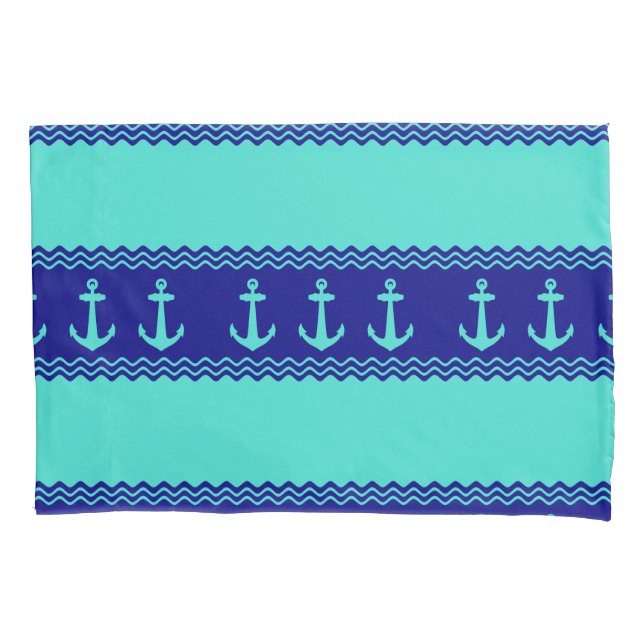 Turquoise And Navy Blue Coastal Pattern Anchors Pillowcase (Front)