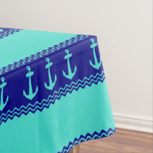 Turquoise And Navy Blue Coastal Pattern Anchors Tablecloth