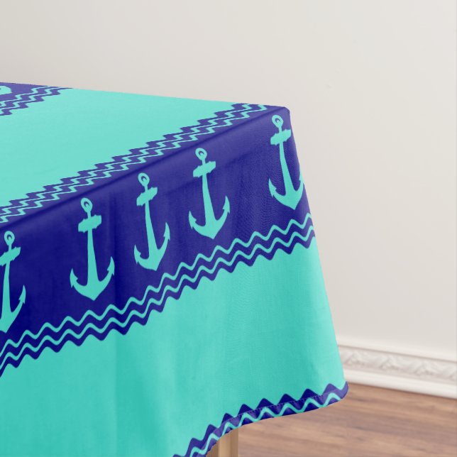 Turquoise And Navy Blue Coastal Pattern Anchors Tablecloth (In Situ)