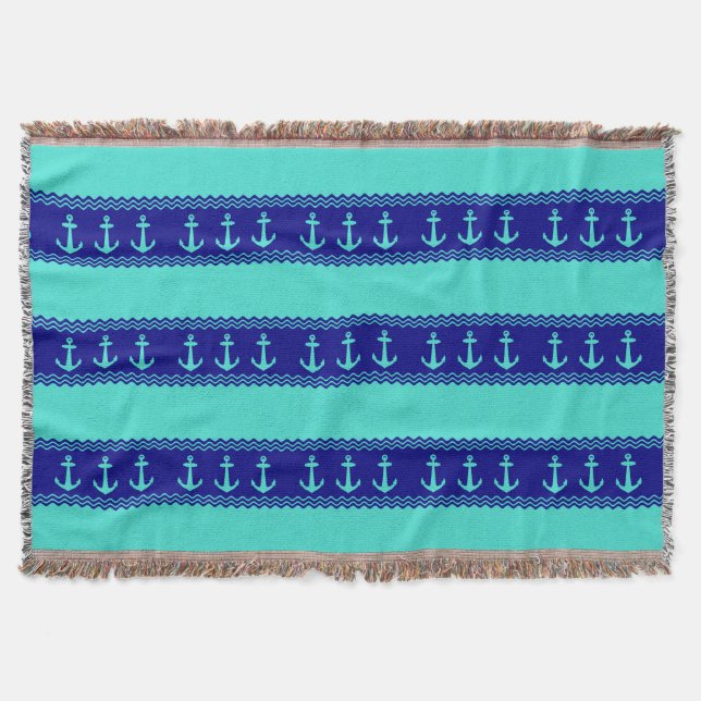 Turquoise And Navy Blue Coastal Pattern Anchors Throw Blanket (Front)