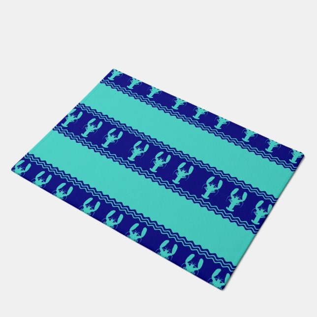 Turquoise and Navy Blue Coastal Pattern Lobster Doormat (Angled)