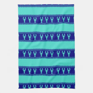 Turquoise and Navy Blue Coastal Pattern Lobster Tea Towel