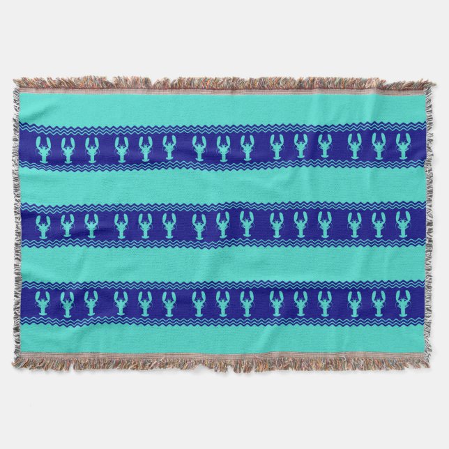 Turquoise and Navy Blue Coastal Pattern Lobster Throw Blanket (Front)