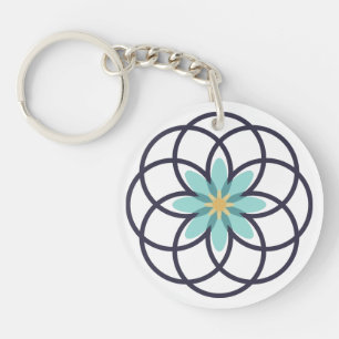 Turquoise and Navy Blue Flower Design Acrylic Key Ring