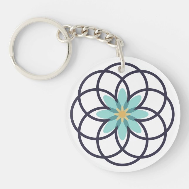 Turquoise and Navy Blue Flower Design Acrylic Key Ring (Front)