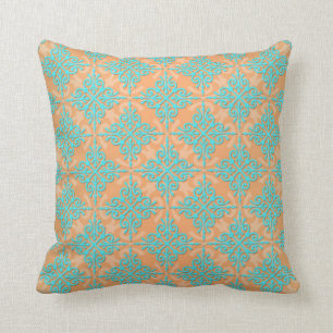 Turquoise and Orange Damask Pattern Cushion