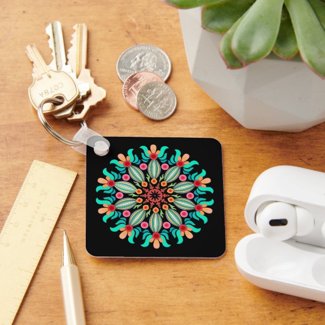 Turquoise And Orange Flower Key Ring (Desk)