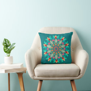 Turquoise And Orange Mandala Throw Pillow