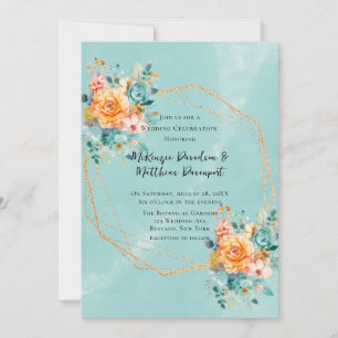 Turquoise and Orange Peony Wedding  Invitation