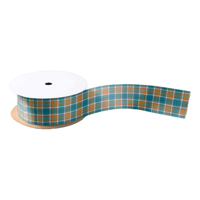 Turquoise and Orange Sporty Plaid Pattern Satin Ribbon (Spool)