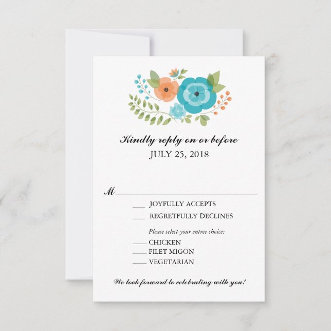 Turquoise and Orange Summer Flowers Wedding RSVP Card (Front)