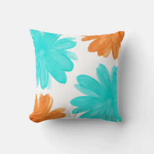 Turquoise and Orange Watercolor Flowers Cushion