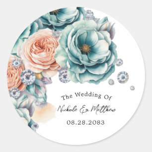 Turquoise and Peach Diamond Wedding Classic Round Sticker