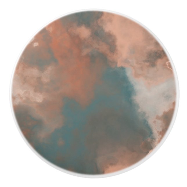 Turquoise and Peach Marble abstract Ceramic Knob (Front)