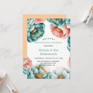 Turquoise and Peach Roses Bridesmaids Luncheon Invitation