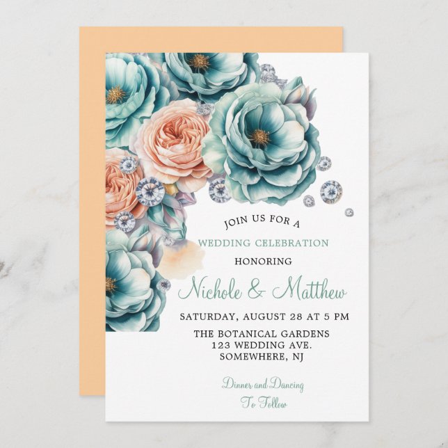 Turquoise and Peach Roses Diamond Wedding Invitation (Front/Back)