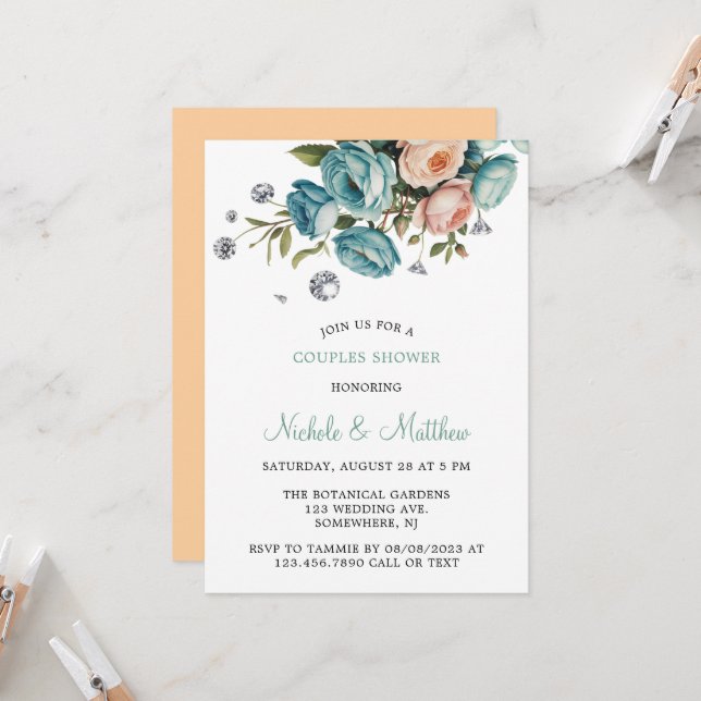 Turquoise and Peach Roses Diamond Wedding Invitation (Front/Back In Situ)