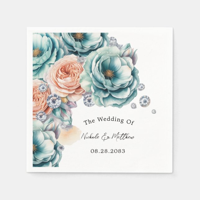 Turquoise and Peach Roses Diamond Wedding Napkin (Front)