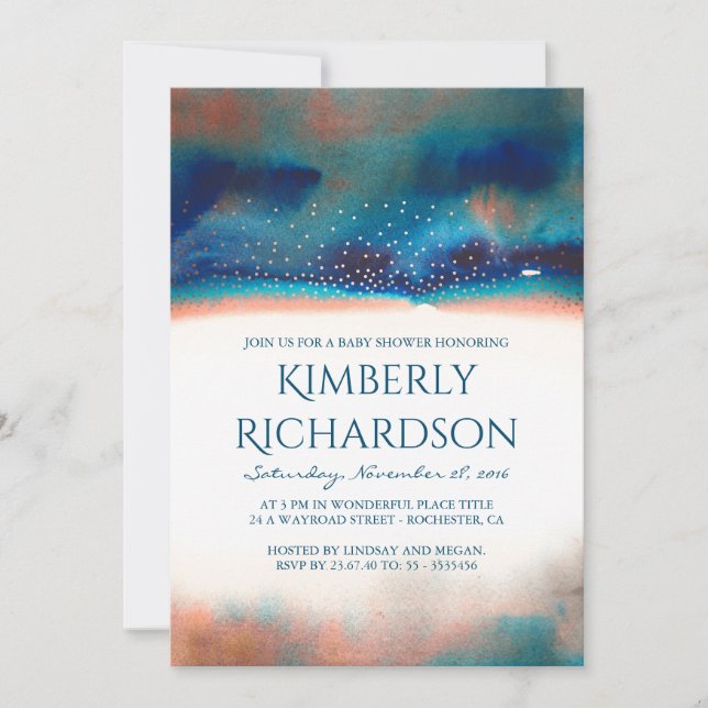 Turquoise and Peach Watercolor Modern Baby Shower Invitation (Front)
