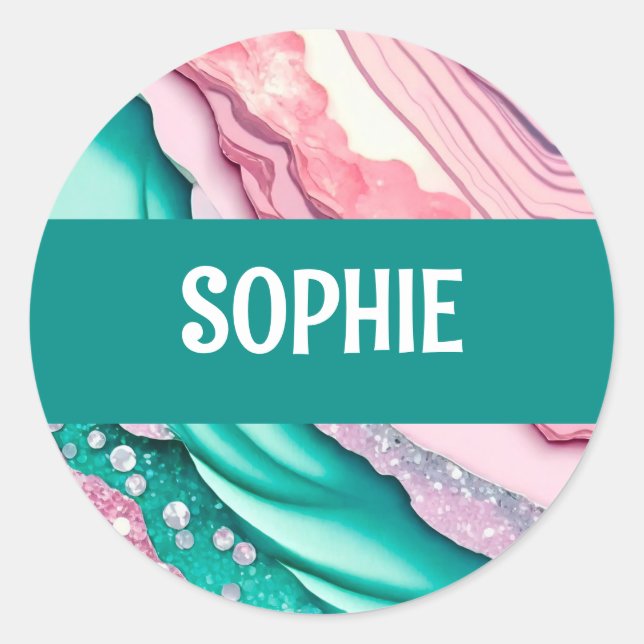 Turquoise and pink abstract glitter classic round sticker (Front)