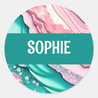 Turquoise and pink abstract glitter classic round sticker
