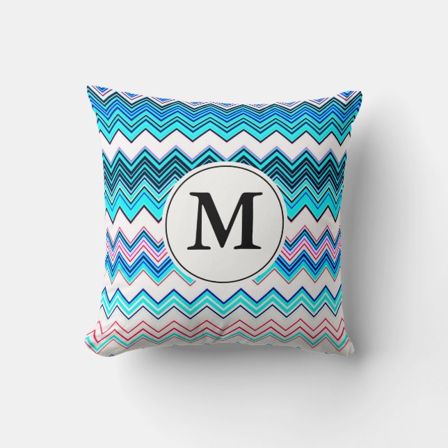 Turquoise and Pink Chevron with Custom Monogram Cushion (Front)