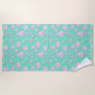 Turquoise and pink Christmas ornaments, snow flake Beach Towel